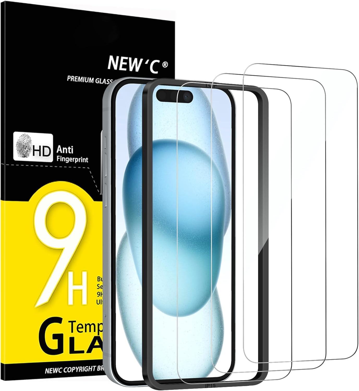 NEW’C 3 Pack Designed for iPhone 16, iPhone 15 Screen Protector (6.1 inches),Enhanced Tempered Glass Protection with easy installation tool included,Case Friendly Ultra Resistant | Tempered Glass