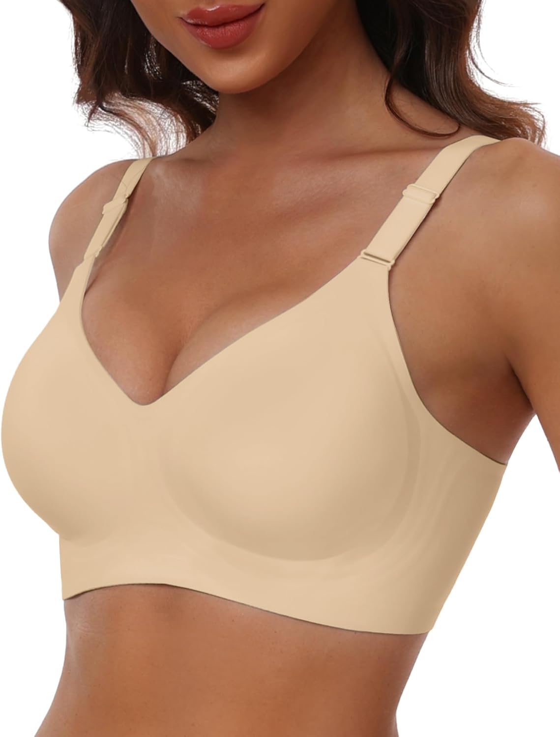 HORISUN No Underwire Seamless Full Coverage Bras for Women Regular & Plus | V Neck,Push Up Support Lift,Wireless,Front-adjustable Straps,Comfortable Bralettes,Back Smoothing,Everyday T-shirt Bra