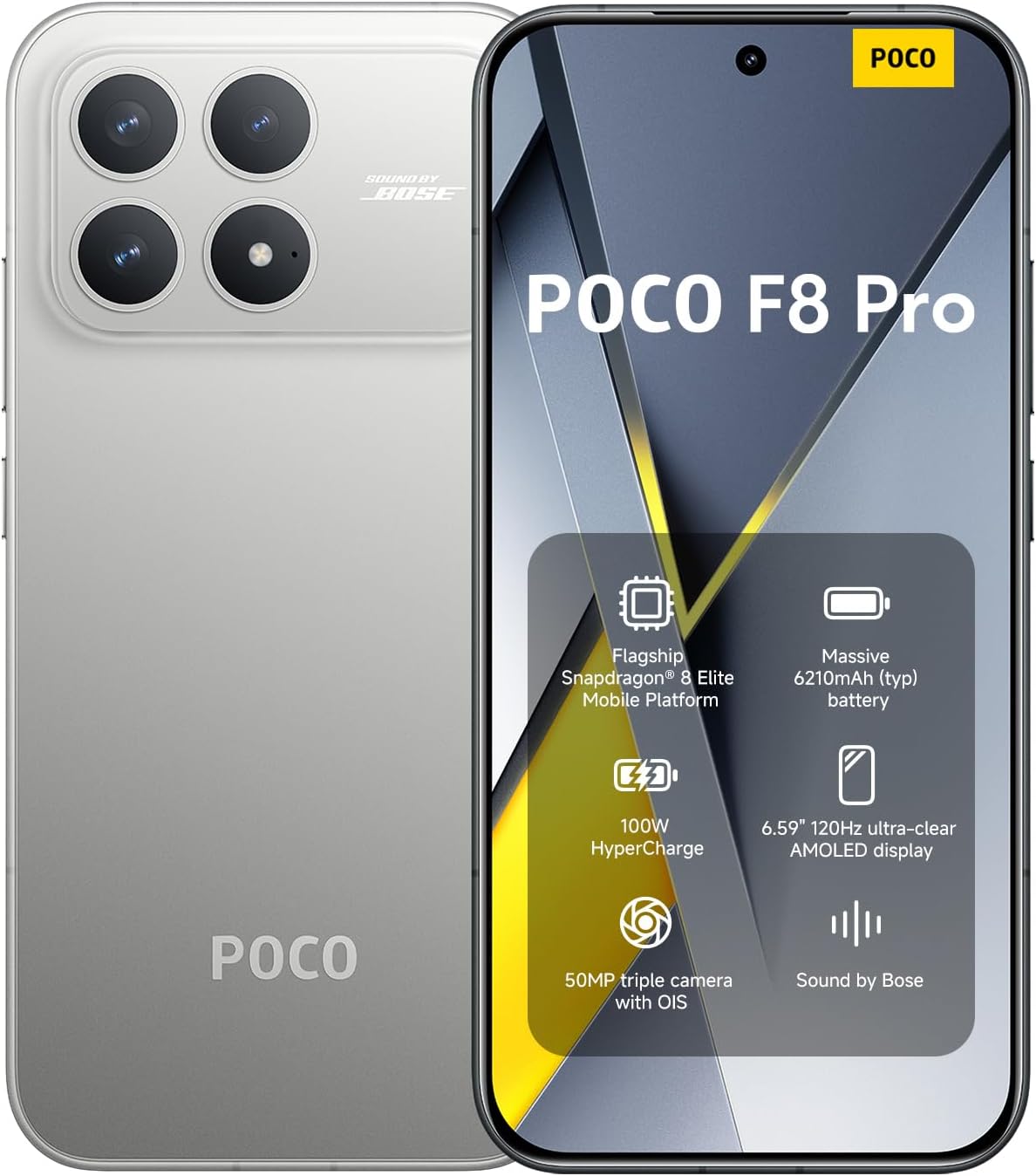 XIAOMI Poco F8 PRO 5G Ai (Compatible with Tmobile Mint Tello & Global) (256GB + 12GB) Ai 2K 6.59″ Bose Sound 50MP Gamers Phone NFC Dual sim Unlocked Model 2510DPC44G Liberado (Titanium Silver)
