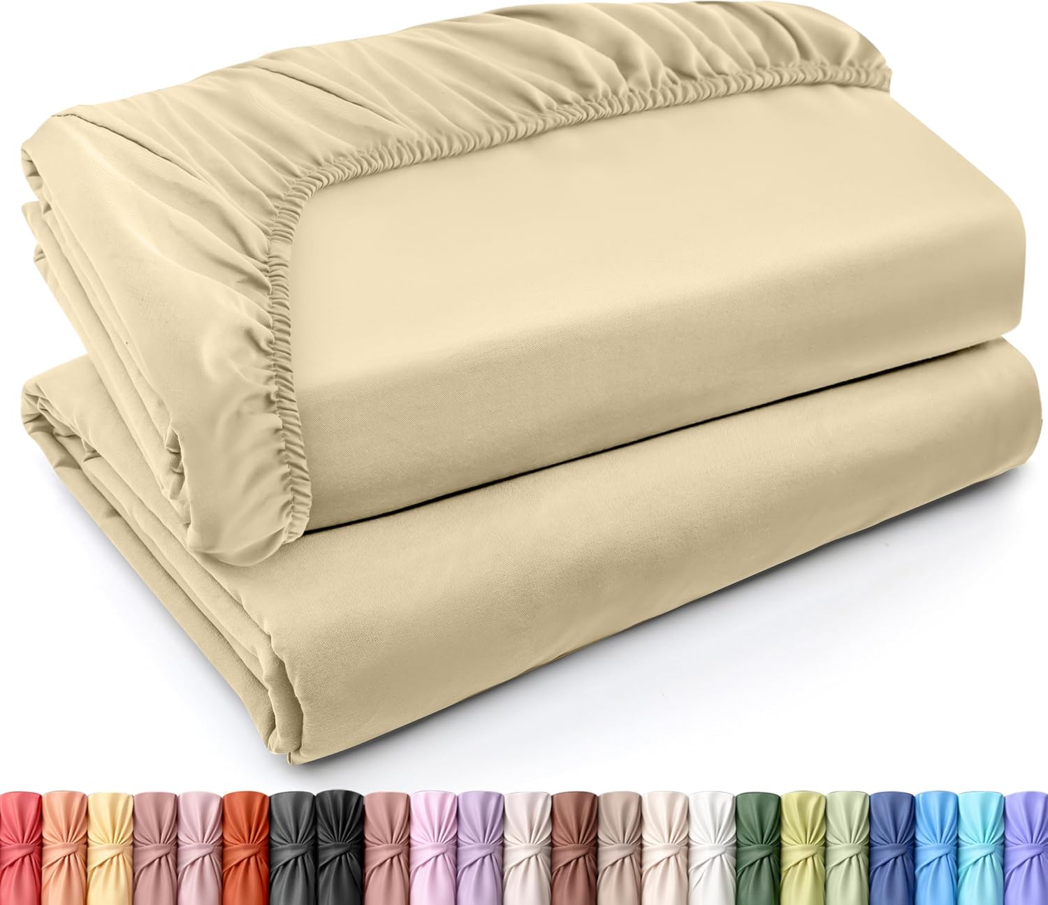 Pack of 2 Twin Fitted Sheet, Fits Up to 16 Inch Deep Pocket, Beige | Hotel Comfort, Cooling & Breathable Cotton like Polyester, Easy Fit, Wrinkle & Fade Resistant, Snug Fit, Easy Care, Oeko-Tex