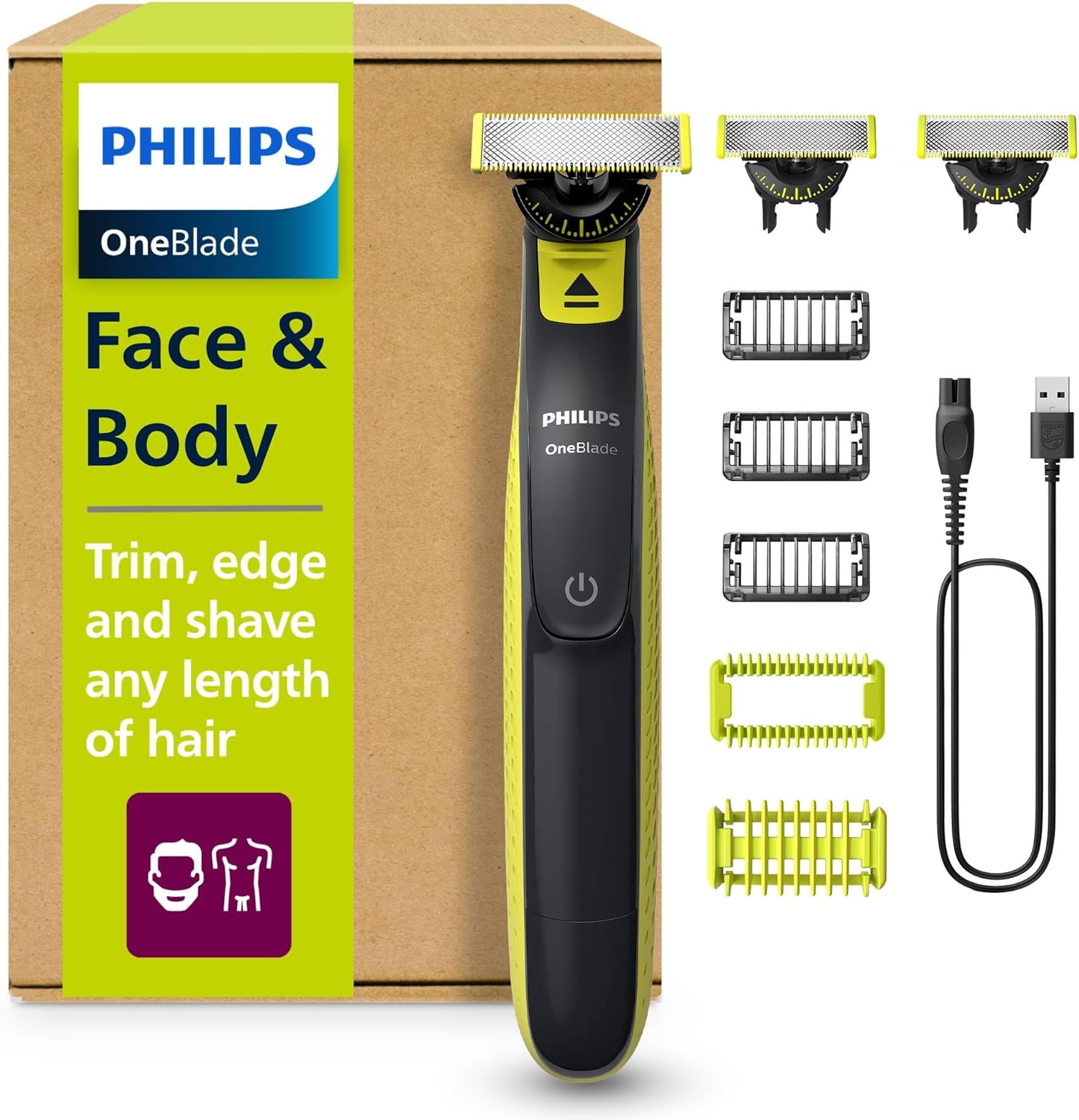 PHILIPS OneBlade 360 Face & Body Electric Shaver, Trimmer & Body Groomer, 3 x 360 Blades, 3 x Trimming Attachments (1/3/5 mm), 2 x Body Attachments, Wet & Dry Shaving for Face & Body (QP2824/31)