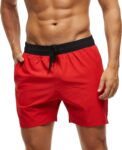 Arcweg Men’s Swim Trunks Board Shorts with Zipper Pockets Mesh Lining Quick Dry Sports Beach Shorts Black and Red