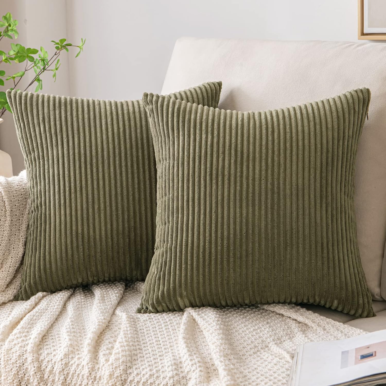 EMEMA Throw Pillow Covers Corduroy Decorative Soft Striped Square Cushion Covers Spring Pillowcases for Couch Sofa Bedroom Chair Car 16×16 Inch Pack of 2, Black