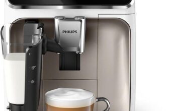 Philips 2300-Series Fully Automatic Espresso Machine – 4 Drinks, Modern Color Touch Screen, LatteGo Milking System, SilentBrew, Ceramic Mill, AquaClean Filter. White Chrome (EP2333/40)