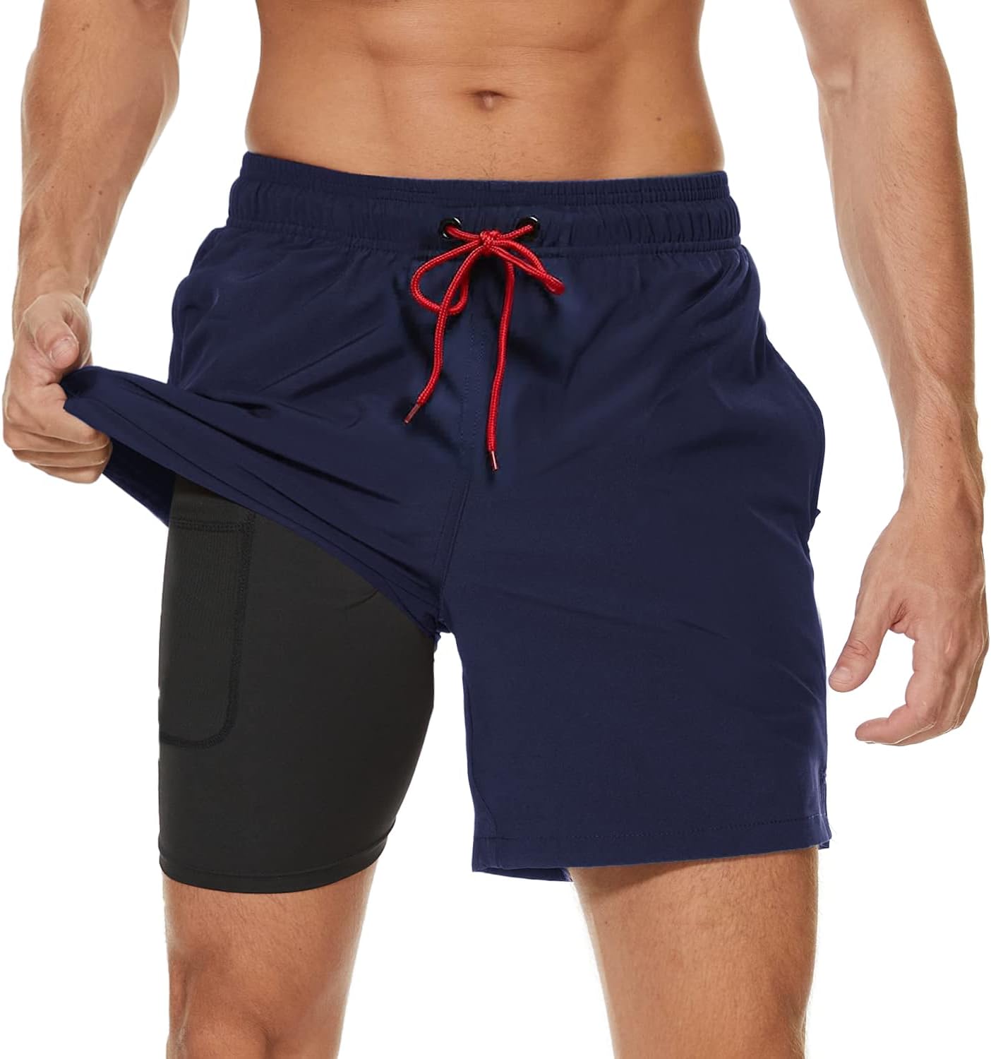 Arcweg Mens Swim Trunks with Compression Liner 2 in 1 Beach Swimming Trunks Quick Dry Swim Shorts with Zipper Pockets