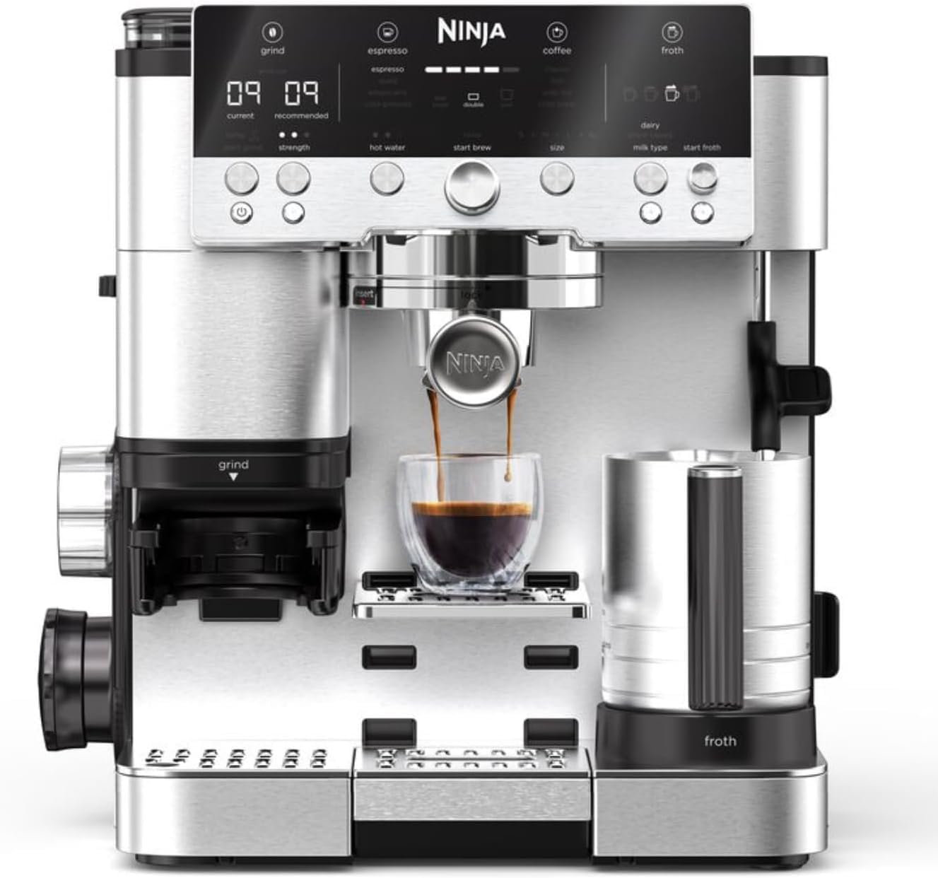 Ninja Luxe Premier 3-in-1 Coffee Maker, Espresso Machine for Latte, Cappuccino & Cold Brew with Built-in Bean Grinder & Milk Frother, Coffee Machine with 4 Preset Modes for Milk Foam, Silver, ES601EU