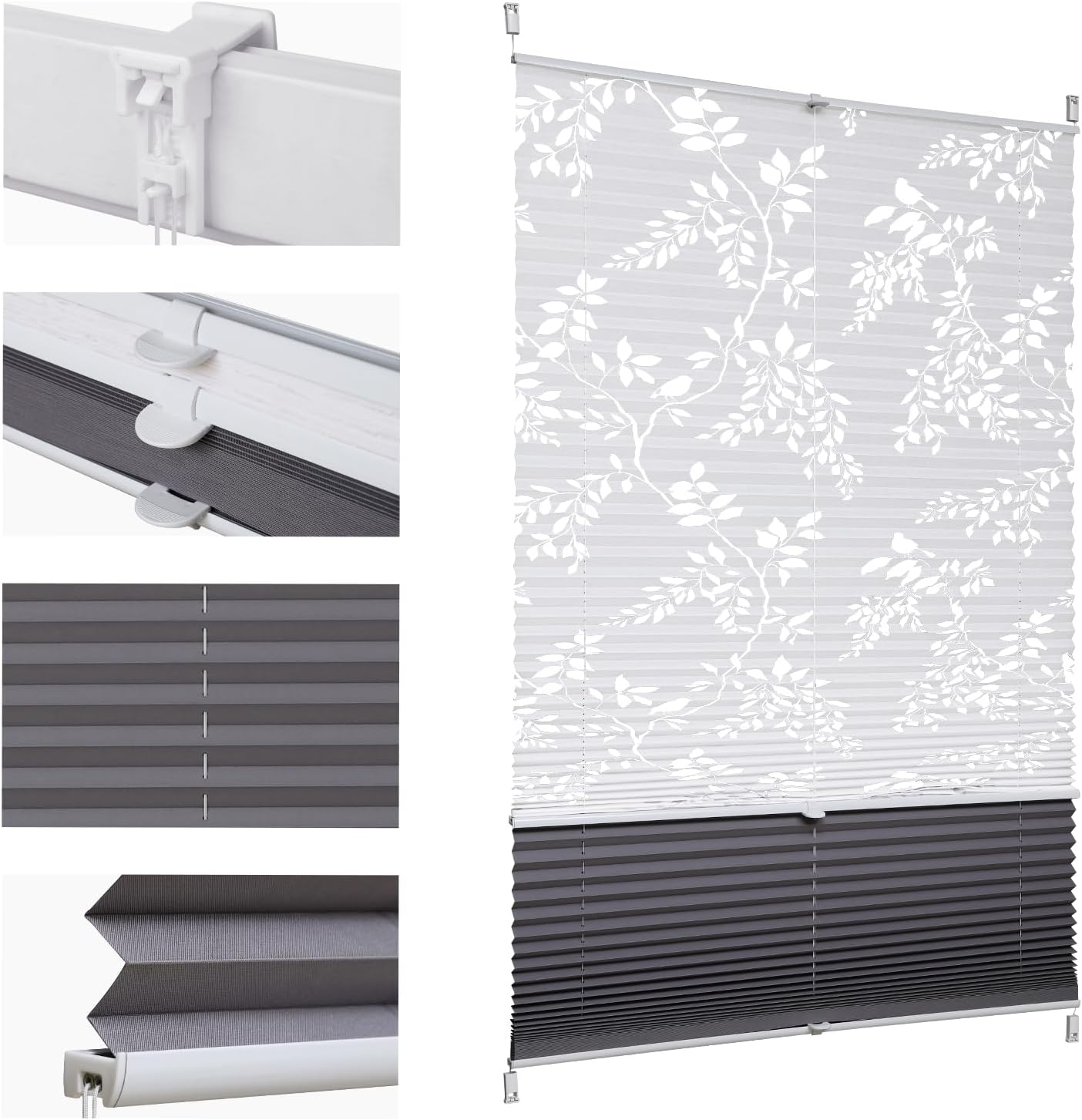 Sekey Day+Night Pleated Blind, Double Pleated Blackout Blind, No Drilling, Tensioned Sun Protection, 50 x 130 cm, Print + Dark Grey