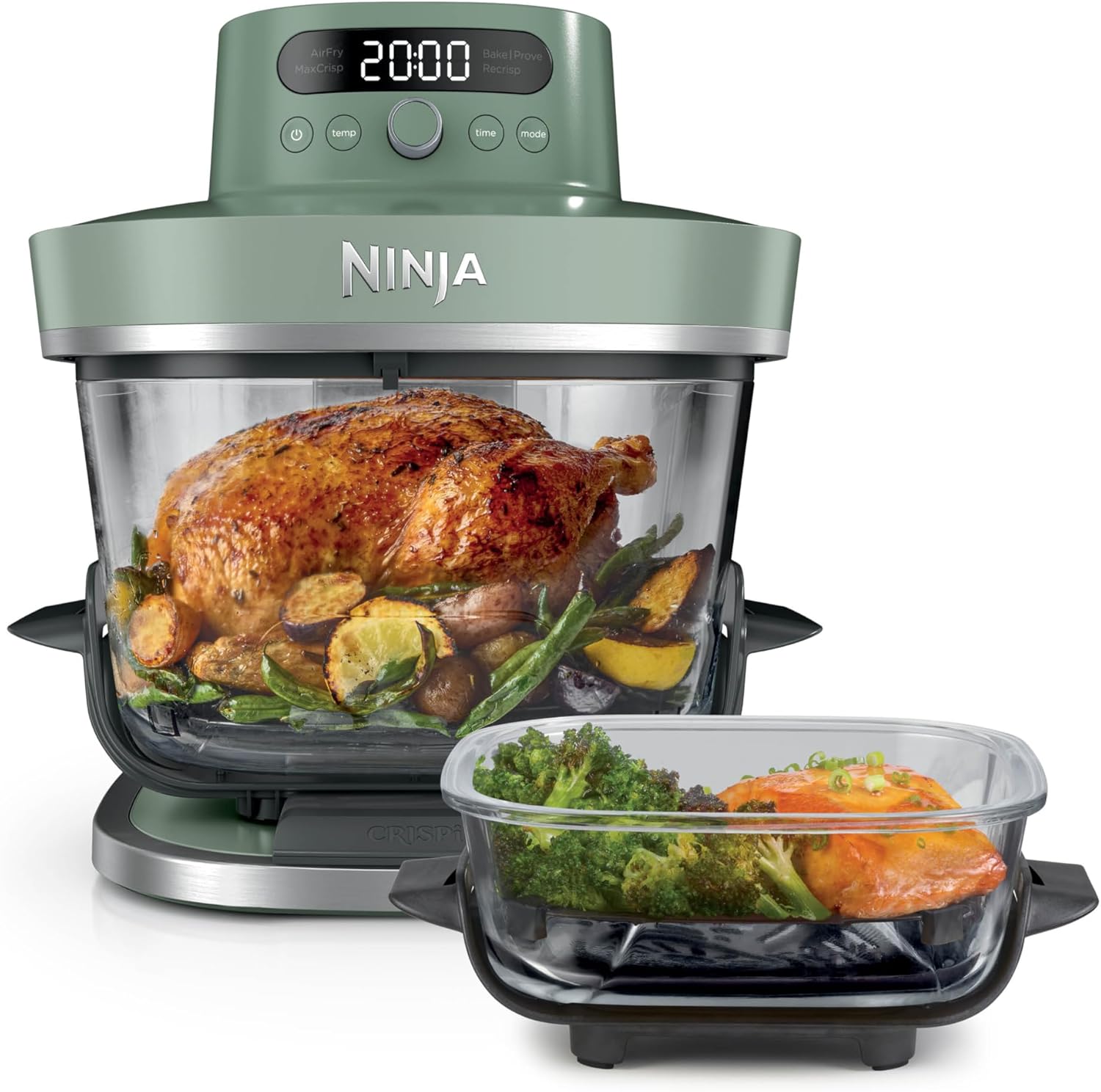 Ninja CRISPi PRO XL Glass Air Fryer, 5 Pre-Set Cooking Functions, Includes 5.7 L and 2.3 L Glass CleanCrisp Cooking Dishes and Storage Lids, Moss Green AS090EUGN