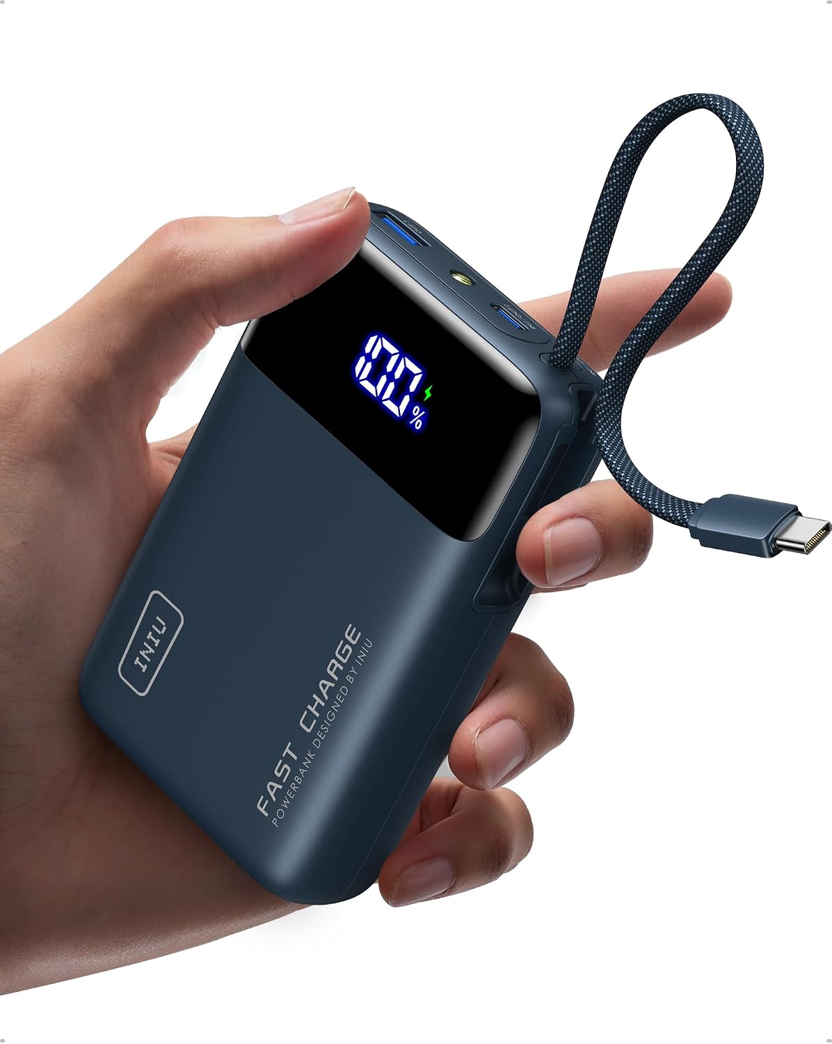 INIU 20000mAh Power Bank, Small 45W PD Fast Charging Portable Charger with Built-in USB C Cable, Flight-Safe Travel External Phone Battery Pack for iPhone 17 Pro Max Samsung S26 iPad etc, Glossy Black