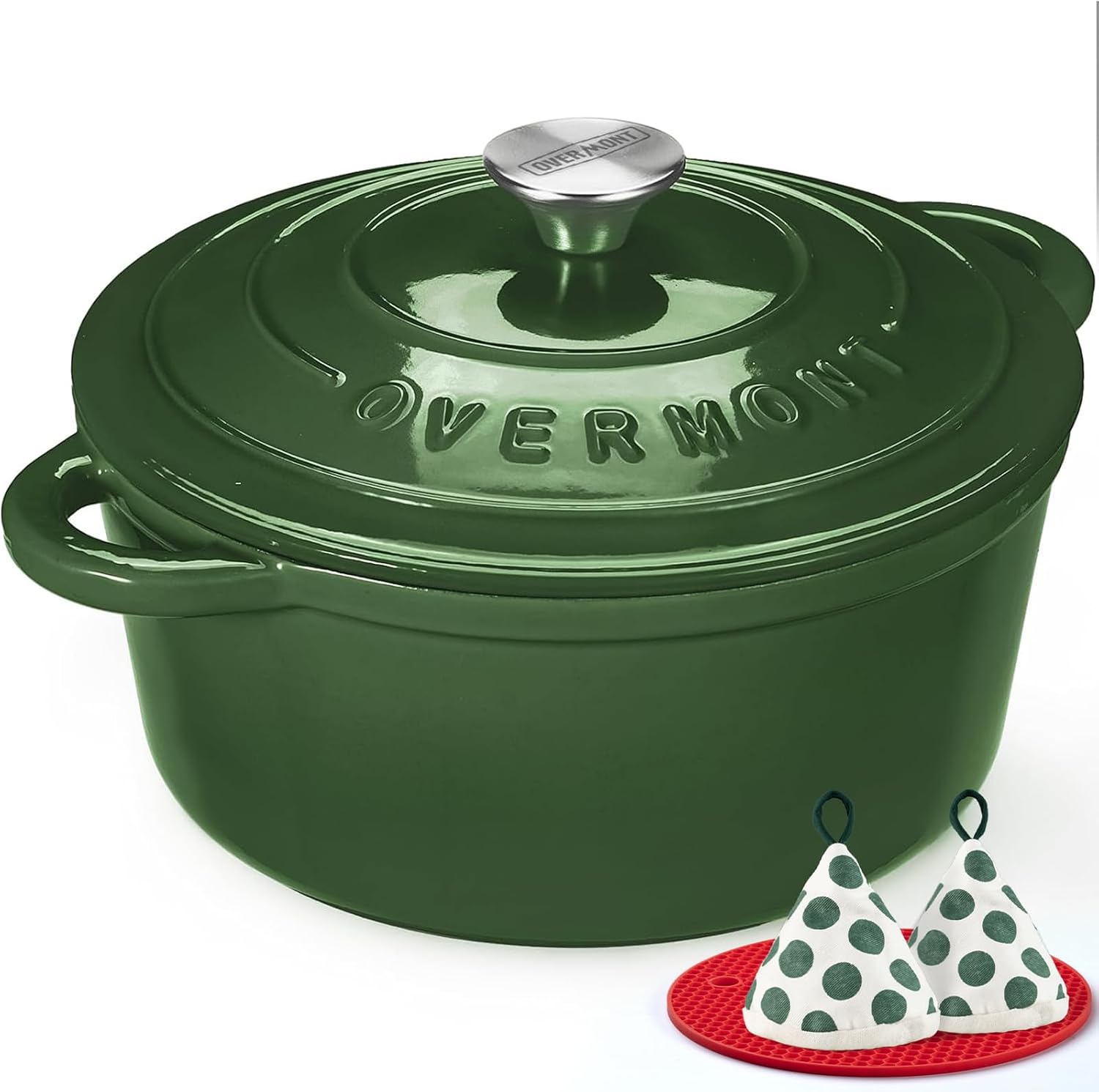 Overmont Enameled Cast Iron Dutch Oven – 5.5QT Pot with Lid Cookbook & Cotton Potholders – Heavy-Duty Cookware for Braising, Stews, Roasting, Sourdough Baking Glossy Green