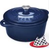 Overmont Enameled Cast Iron Dutch Oven – 4.5QT Pot with Lid Cookbook & Cotton Potholders – Heavy-Duty Cookware for Braising, Stews, Roasting, Bread Baking IndigoBlue