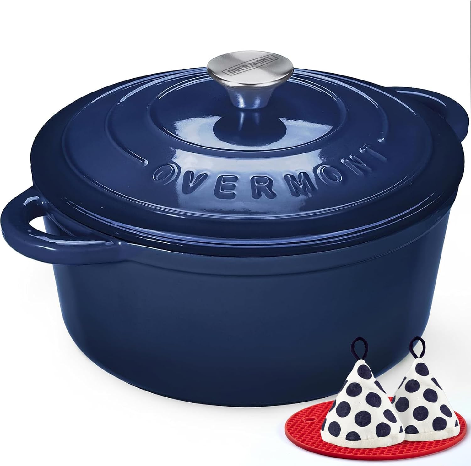 Overmont Enameled Cast Iron Dutch Oven – 4.5QT Pot with Lid Cookbook & Cotton Potholders – Heavy-Duty Cookware for Braising, Stews, Roasting, Bread Baking IndigoBlue