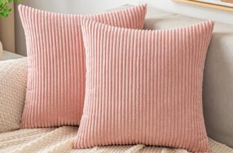 EMEMA Throw Pillow Covers Corduroy Decorative Soft Striped Square Cushion Covers Spring Pillowcases for Couch Sofa Bedroom Chair Car 18×18 Inch Pack of 2, Pink