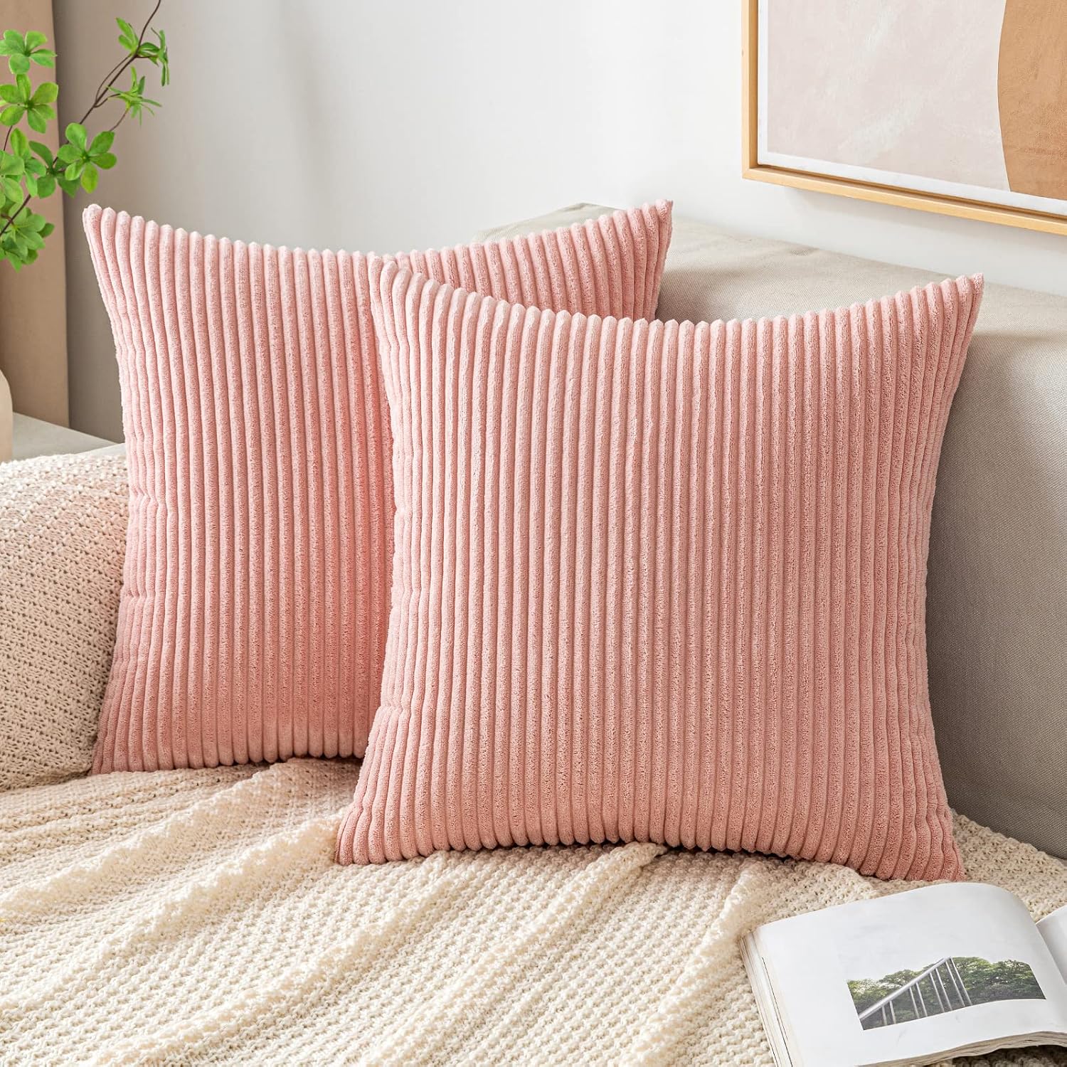 EMEMA Christmas Throw Pillow Covers Corduroy Decorative Soft Striped Square Cushion Covers Spring Pillowcases for Couch Sofa Bedroom Chair Car 16×16 Inch Pack of 2, Red