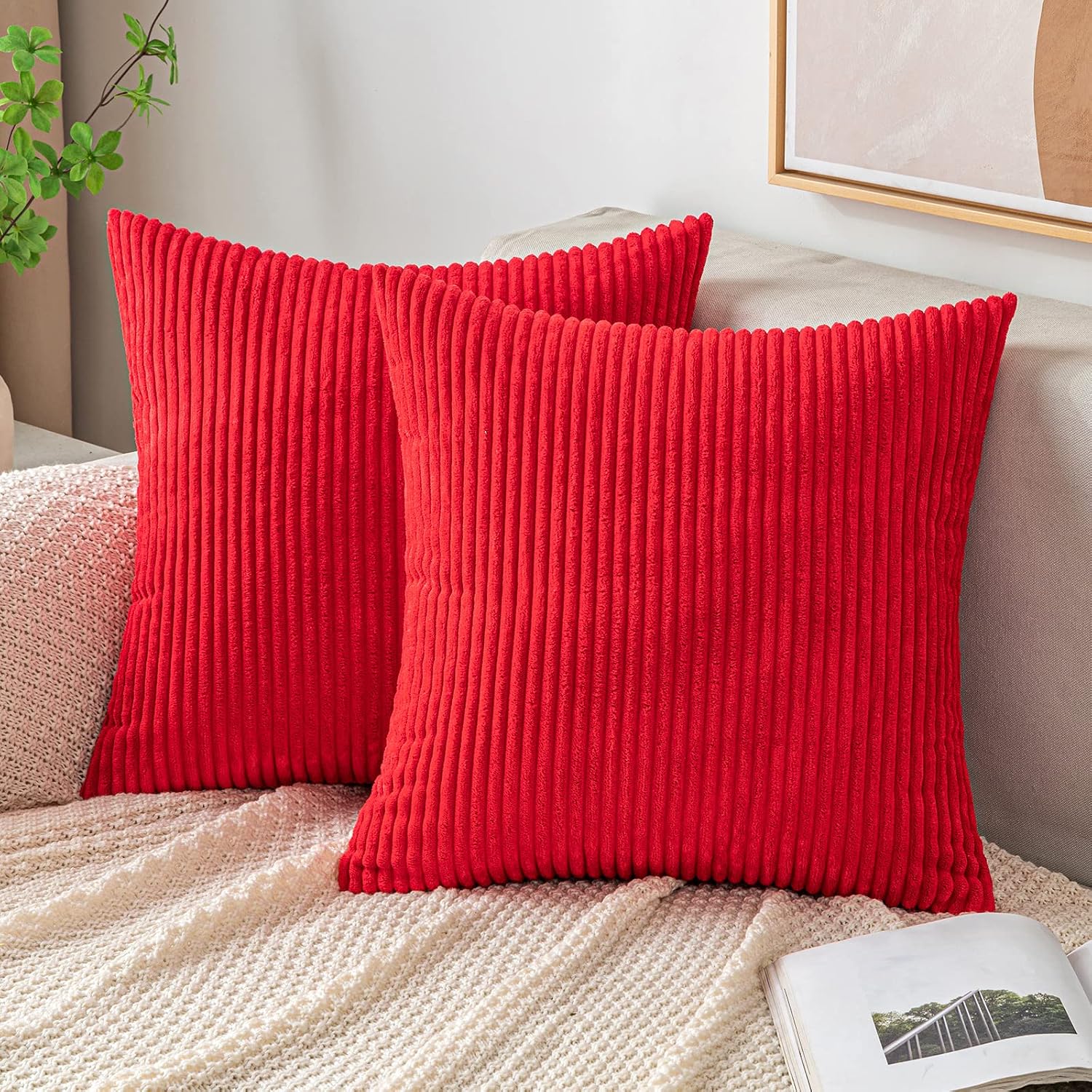 EMEMA Throw Pillow Covers Corduroy Decorative Soft Striped Square Cushion Covers Spring Pillowcases for Couch Sofa Bedroom Chair Car 16×16 Inch Pack of 2, Black