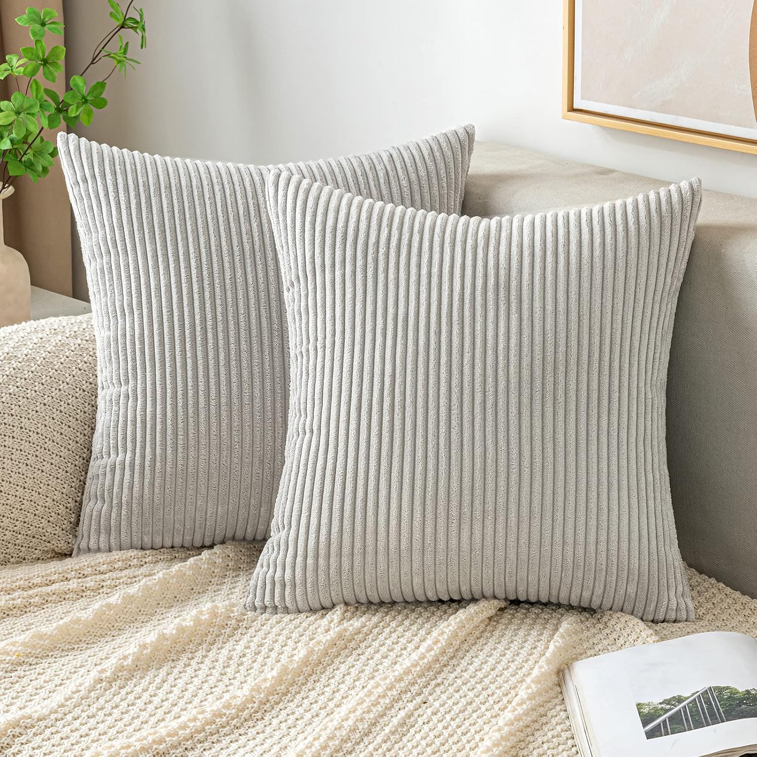 EMEMA Throw Pillow Covers Corduroy Decorative Soft Striped Square Cushion Covers Spring Pillowcases for Couch Sofa Bedroom Chair Car 16×16 Inch Pack of 2, Sage Green