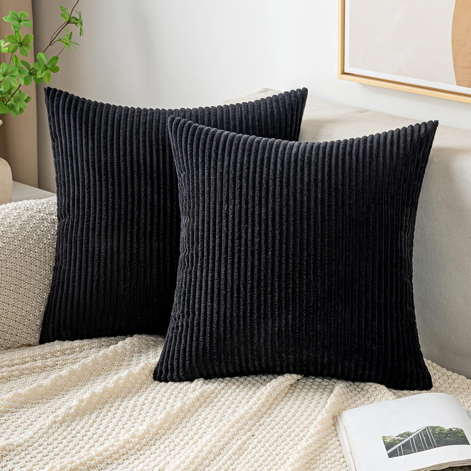 EMEMA Christmas Throw Pillow Covers Corduroy Decorative Soft Striped Square Cushion Covers Spring Pillowcases for Couch Sofa Bedroom Chair Car 16×16 Inch Pack of 2, Burgundy
