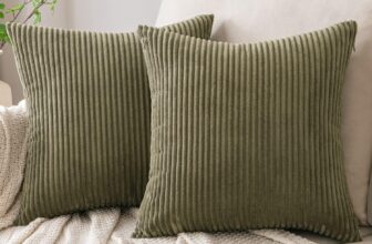 EMEMA Pack of 2 Corduroy Soft Soild Decorative Square Throw Pillow Covers Cushion Cases Spring Pillowcases for Couch Sofa Bedroom Car 14×14 Inch Olive Green