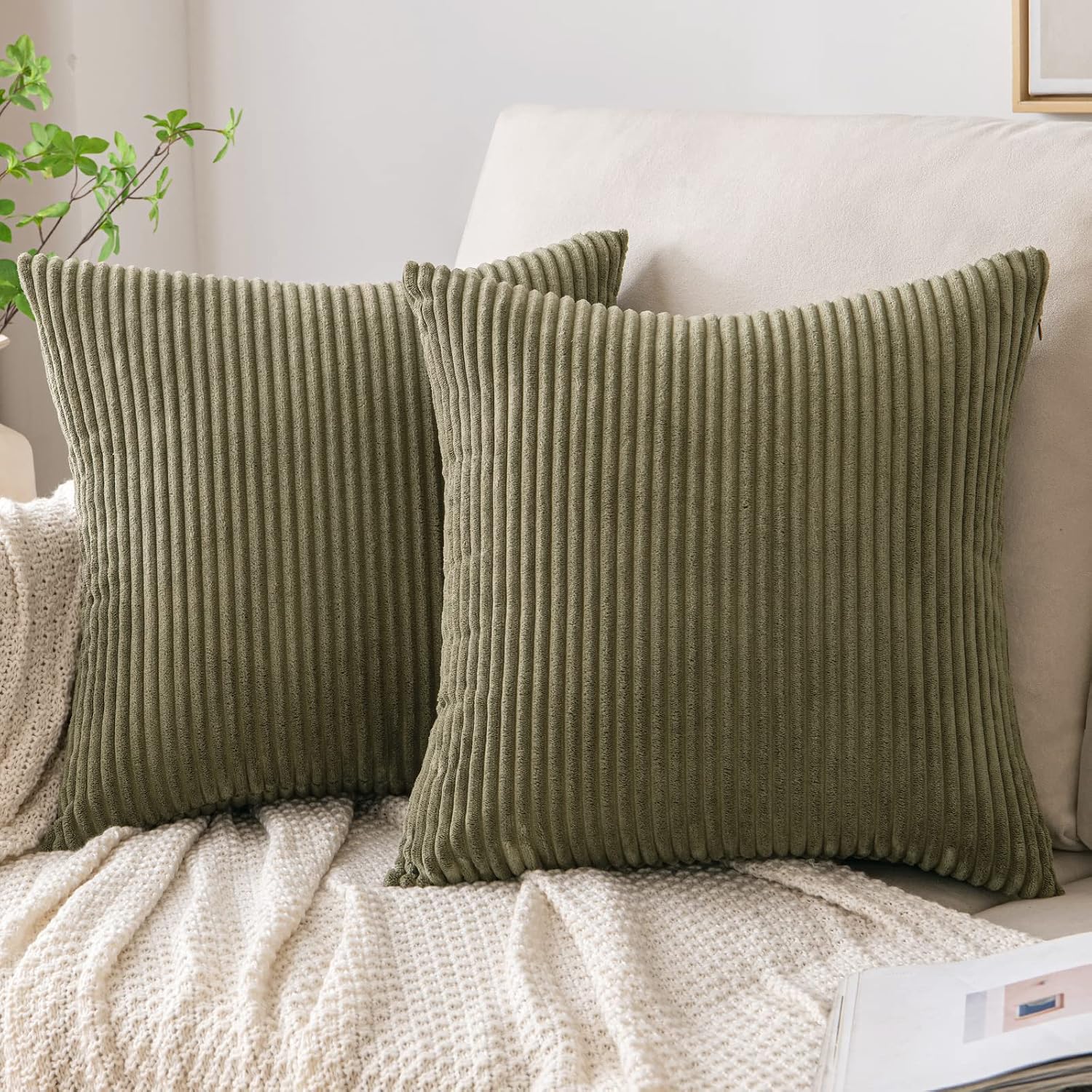 EMEMA Fall Orange Throw Pillow Covers Corduroy Decorative Soft Striped Square Cushion Covers Spring Pillowcases for Couch Sofa Bedroom Chair Car 16×16 Inch Set of 2