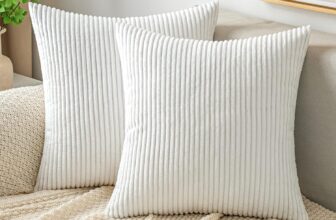 EMEMA Throw Pillow Covers Corduroy Decorative Soft Striped Square Cushion Covers Spring Pillowcases for Couch Sofa Bedroom Chair Car 16×16 Inch Pack of 2, White