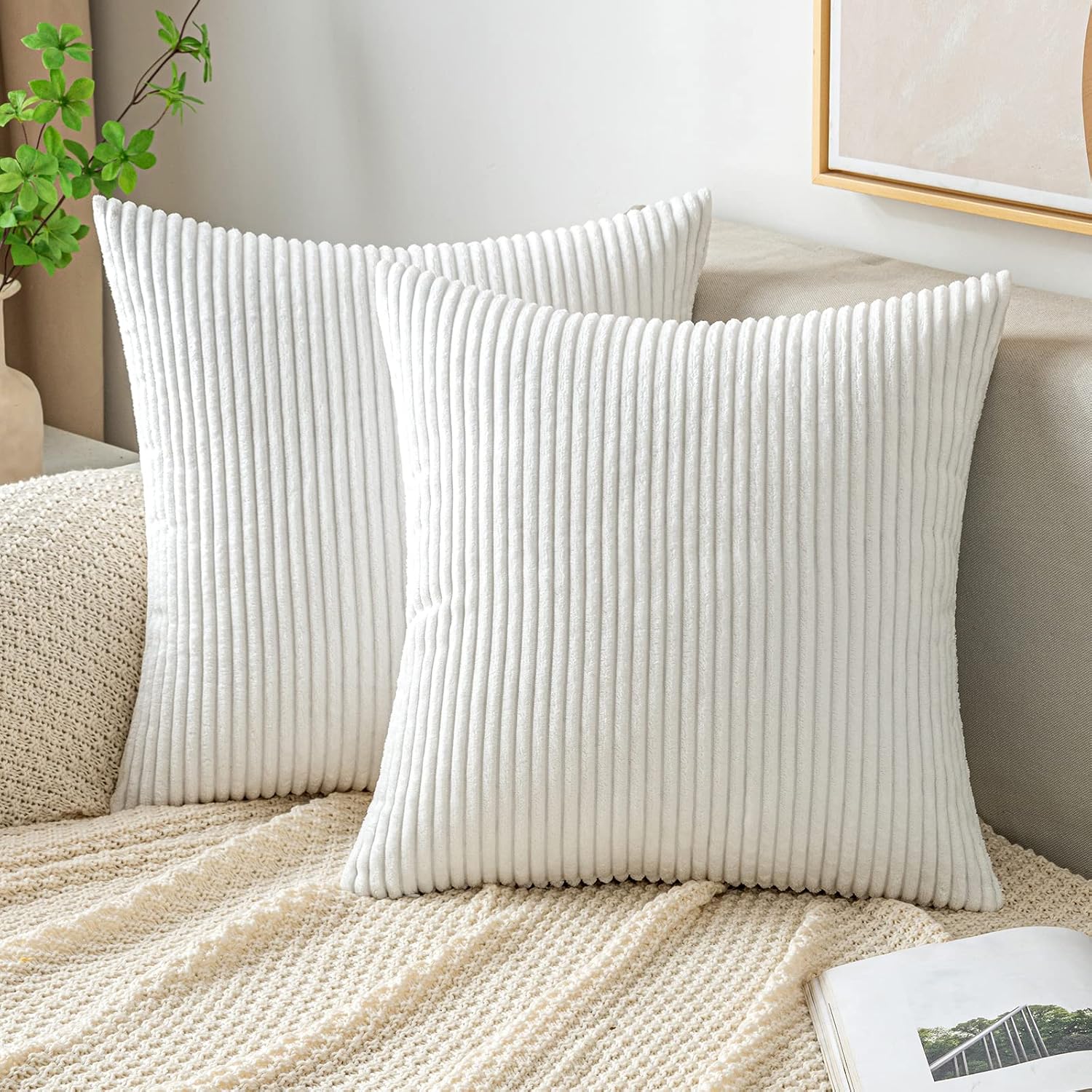 EMEMA Throw Pillow Covers Corduroy Decorative Soft Striped Square Cushion Covers Spring Pillowcases for Couch Sofa Bedroom Chair Car 18×18 Inch Pack of 2, Pink