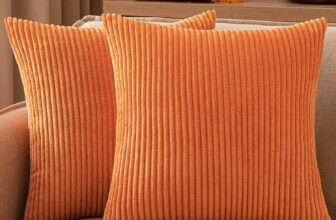 EMEMA Fall Orange Throw Pillow Covers Corduroy Decorative Soft Striped Square Cushion Covers Spring Pillowcases for Couch Sofa Bedroom Chair Car 16×16 Inch Set of 2