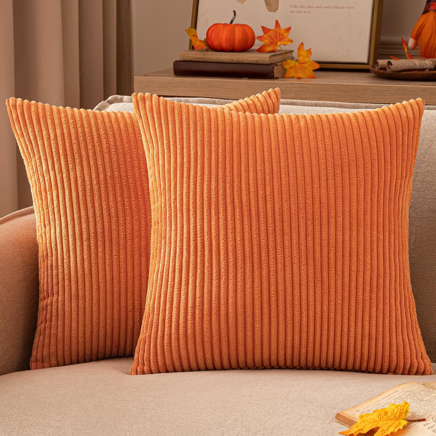 EMEMA Throw Pillow Covers Corduroy Decorative Soft Striped Square Cushion Covers Spring Pillowcases for Couch Sofa Bedroom Chair Car 16×16 Inch Pack of 2, White
