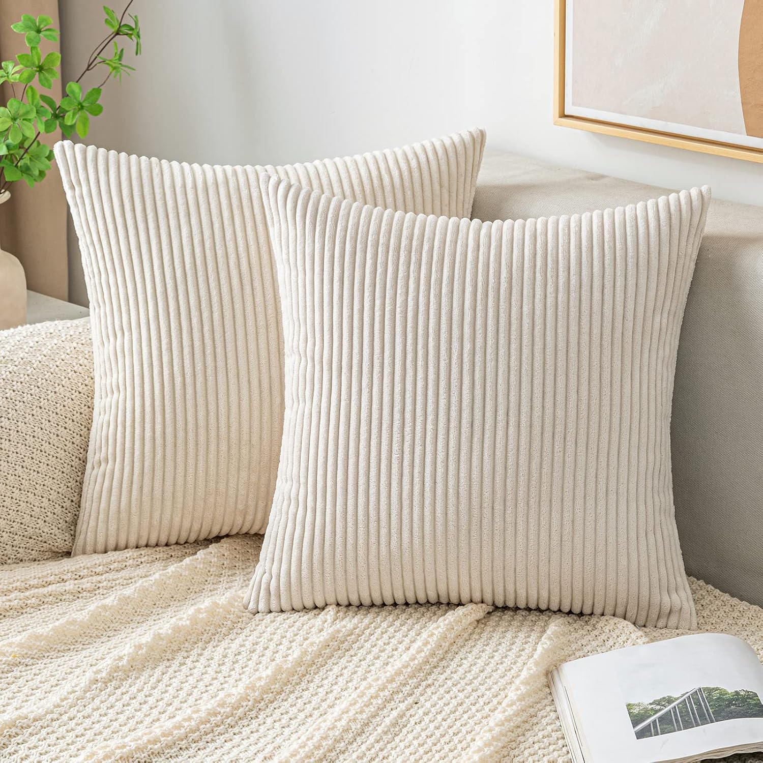 EMEMA Throw Pillow Covers Corduroy Decorative Soft Striped Square Cushion Covers Spring Pillowcases for Couch Sofa Bedroom Chair Car 18×18 Inch Pack of 2, Sage Green A