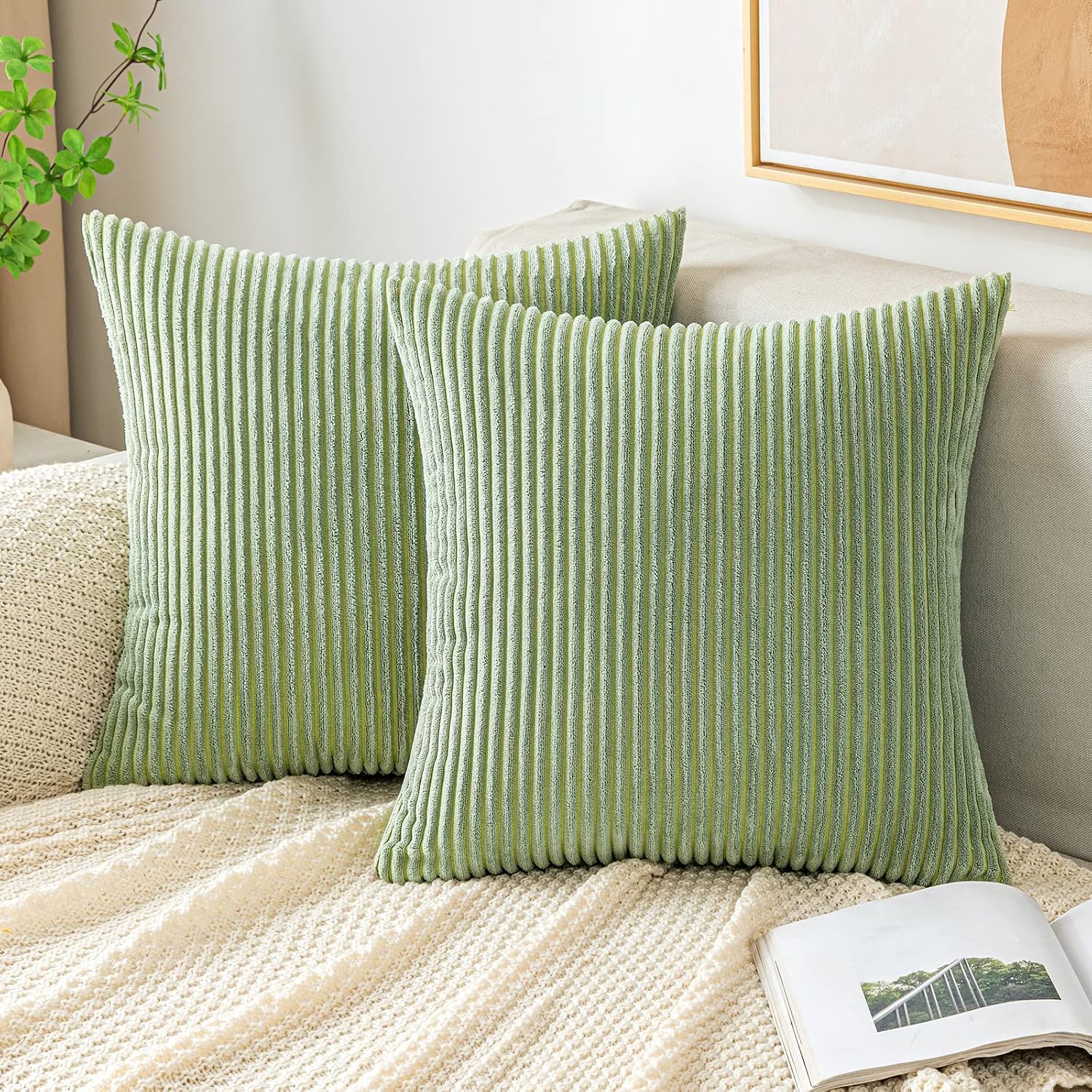 EMEMA Christmas Throw Pillow Covers Corduroy Decorative Soft Striped Square Cushion Covers Spring Pillowcases for Couch Sofa Bedroom Chair Car 16×16 Inch Pack of 2, Dark Green