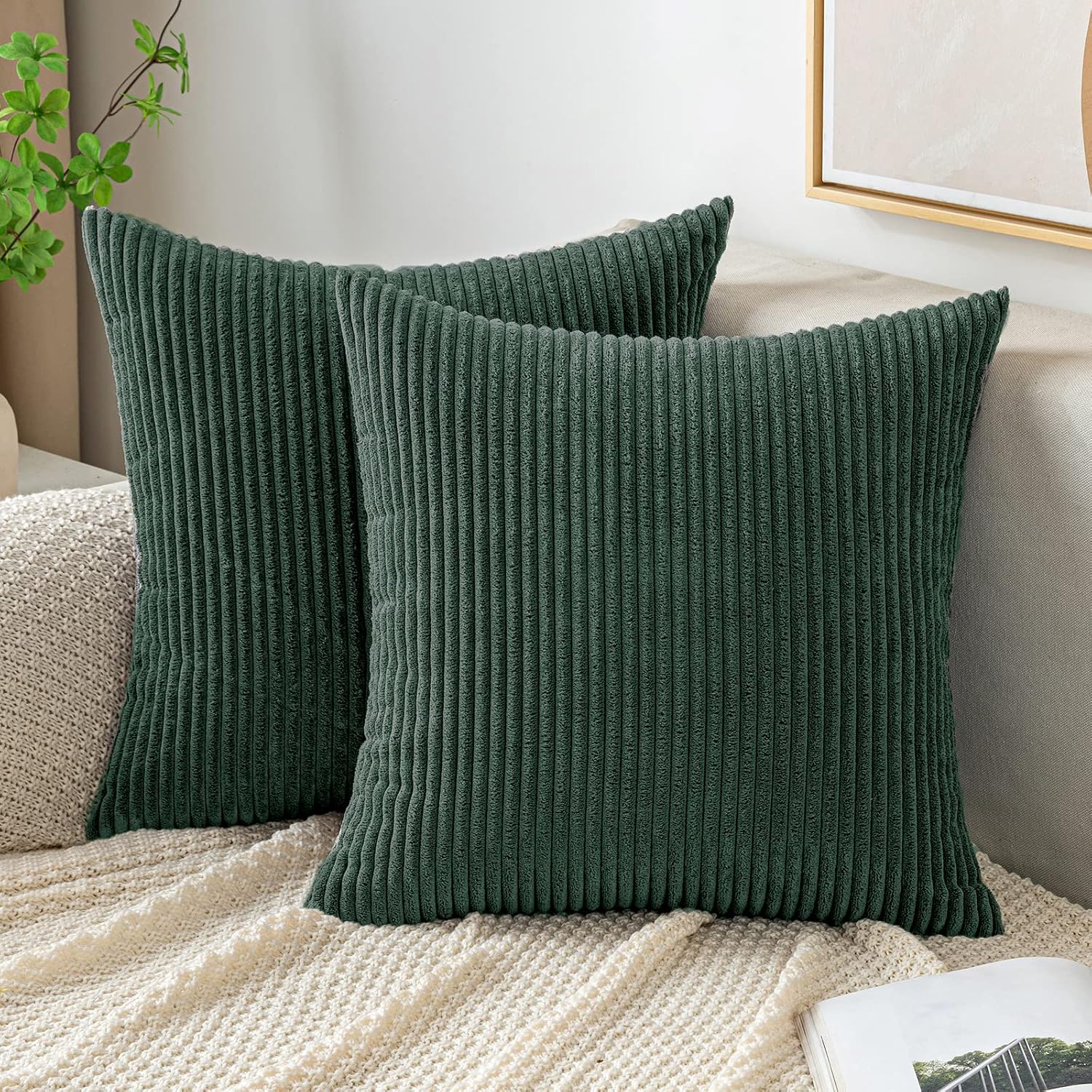 EMEMA Throw Pillow Covers Corduroy Decorative Soft Striped Square Cushion Covers Spring Pillowcases for Couch Sofa Bedroom Chair Car 16×16 Inch Pack of 2, Black