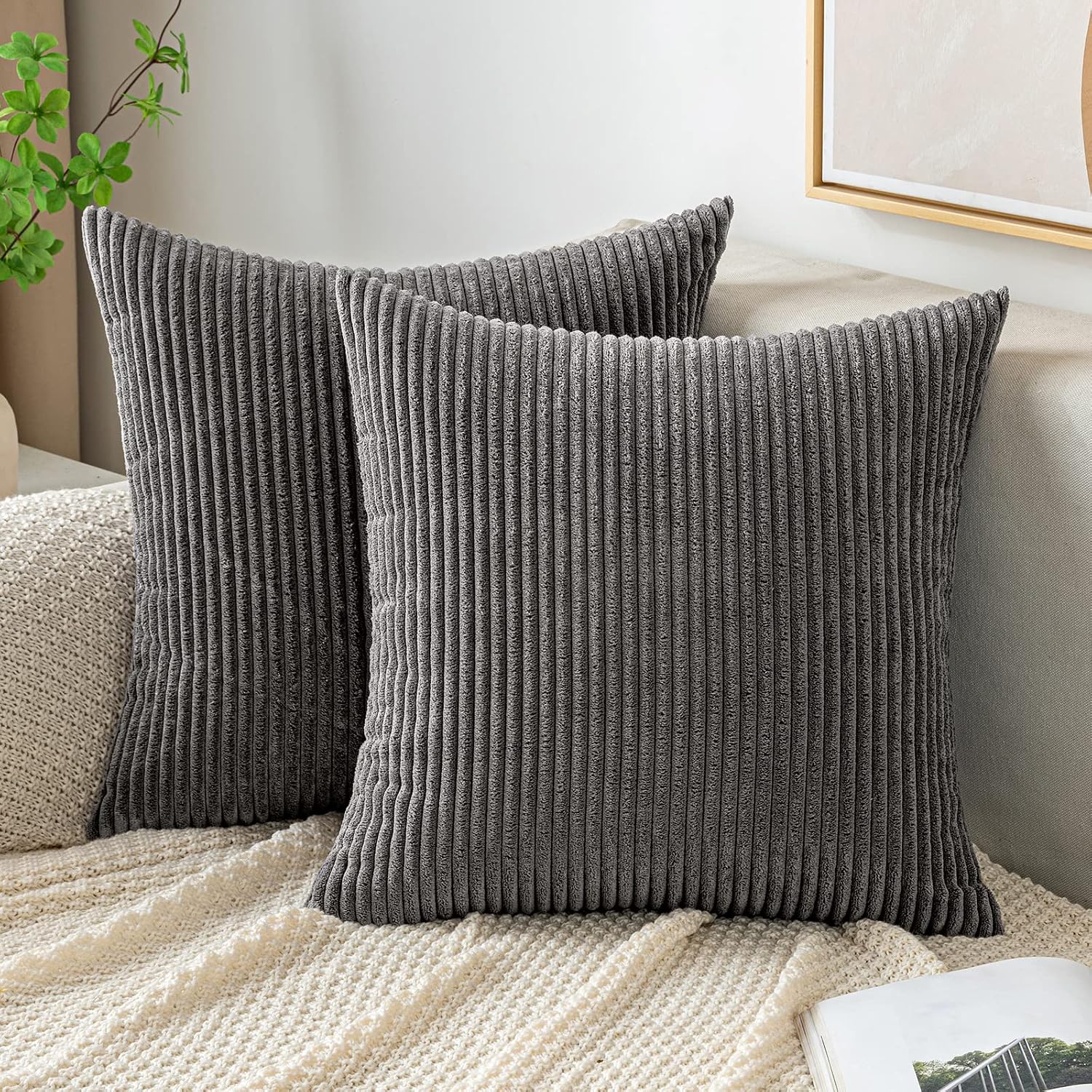 EMEMA Throw Pillow Covers Corduroy Decorative Soft Striped Square Cushion Covers Spring Pillowcases for Couch Sofa Bedroom Chair Car 18×18 Inch Pack of 2, Olive Green