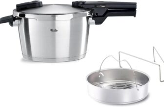 Fissler Vitaquick Premium Pressure Cooker (6 L, Diameter 22 cm) with Insert, Stainless Steel Steamer Pan, 2 Cooking Levels, Made in Germany – Induction