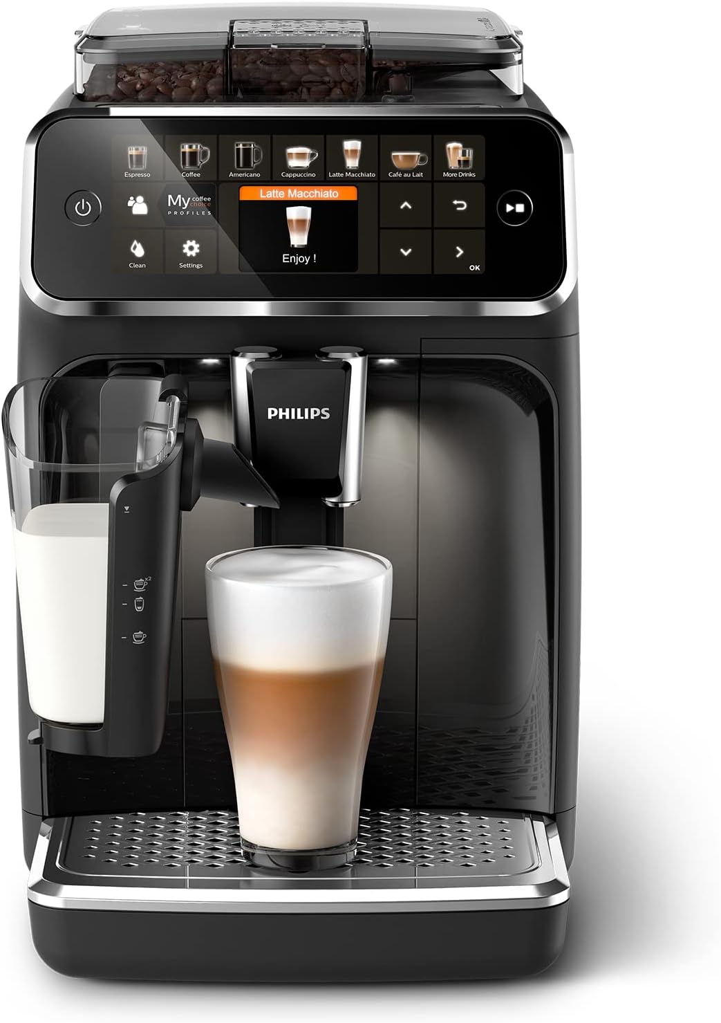 Philips 5400 Serie EP5447/90 Kaffeevollautomat, 12 Kaffeespezialitäten (LatteGo Milchsystem) Matt-Schwarz/Verchromte Arena
