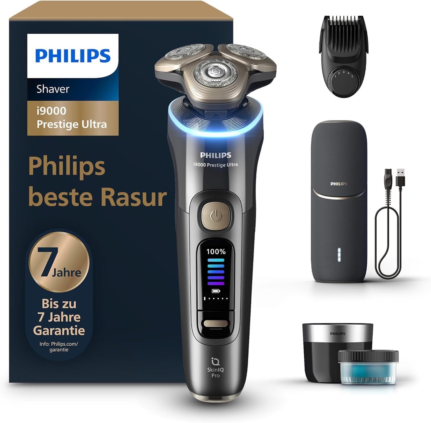 Philips Razor i9000 Prestige Ultra Electric Wet and Dry Razor for Men, Pressure and Motion Sensor, 5+1 Beard Styler, Cleaning Station, UV Charging Case and Travel Case (Model XP9402/46)