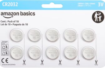 Amazon Basics CR2032 3V Lithium Coin Cell Batteries for Key Fob, Watch, Remote, Child-Proof Package, Non-Coated, AirTag Compatible, 10-Pack