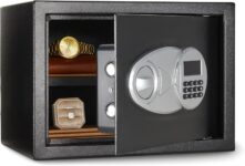 Amazon Basics Steel Security Safe and Lock Box with Electronic Keypad, Secure Documents Storage, Black, 0.5 Cubic Feet, 13.8″W x 9.8″D x 9.8″H, Removable Shelf