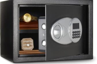 Amazon Basics Steel Security Safe and Lock Box with Electronic Keypad, Secure Documents Storage, Black, 0.5 Cubic Feet, 13.8″W x 9.8″D x 9.8″H, Removable Shelf