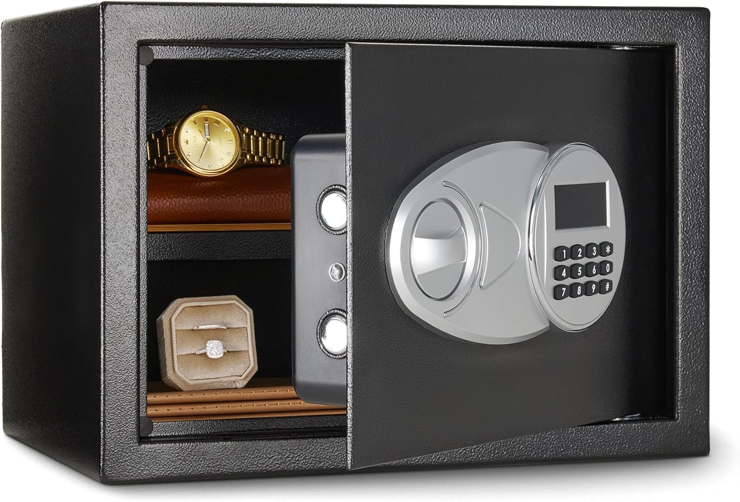 Amazon Basics Steel Security Safe and Lock Box with Electronic Keypad, Secure Documents Storage, Black, 0.5 Cubic Feet, 13.8″W x 9.8″D x 9.8″H, Removable Shelf