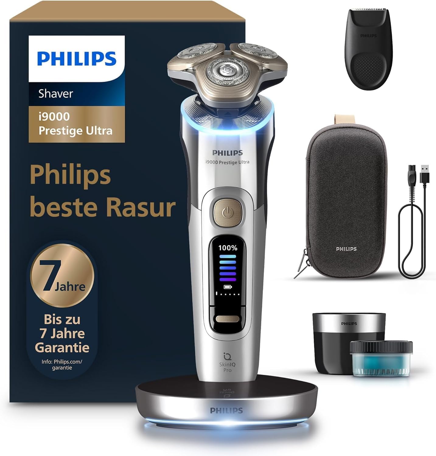 Philips Electric Shaver i9000 Prestige Ultra Wet and Dry Razor for Men, Chrome, Pressure and Motion Sensor, Trimmer Attachment, Cleaning Station, Charging Station and Travel Case (XP9404/31)
