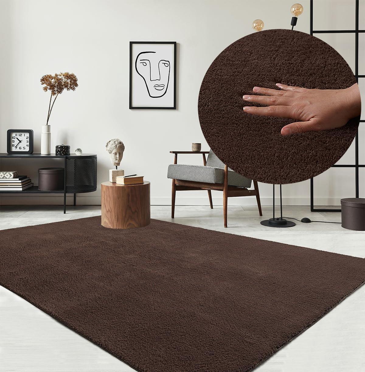 the carpet Relax Modern Fluffy Short Pile Living Room Rug, Non-Slip Underside, Washable up to 30 Degrees, Super Soft, Fur Look, Brown, 80 x 150 cm